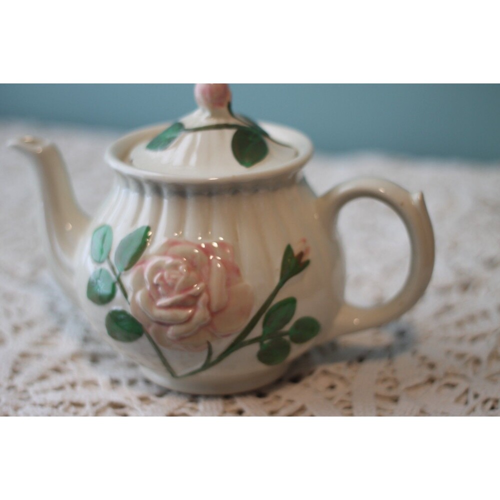 Vintage Shawnee Pottery Pink Rose Embossed Teapot USA